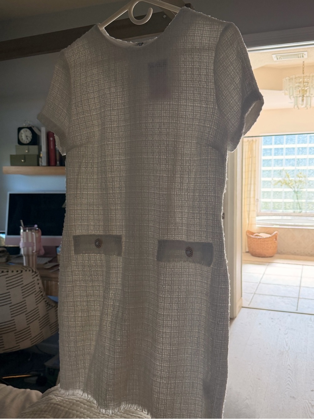 BeBop White Tweed Mini Dress with Pocket Accents
